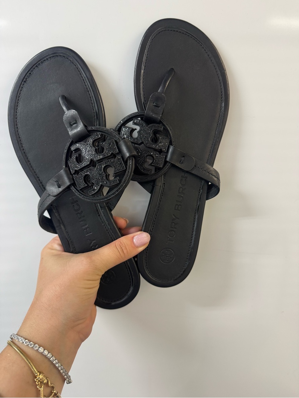 Tory Burch embellished logo Miller black leather sandals